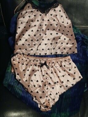 Women's Pink Heart Print Satin Cami & Short Sleep Set
